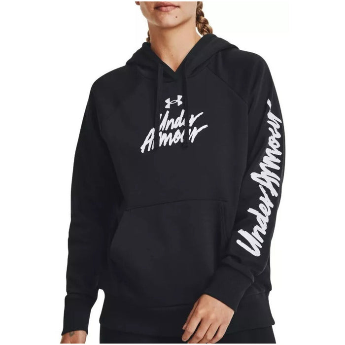 Image 1 : Sweat à capuche Under Armour femme noir avec inscription script blanche sur poitrine — Delvale