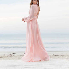 Women Long Sleeve Bridesmaid Dresses Slit Long Pleated Formal Evening Party Gown