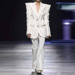 Women White Denim Pantsuits Thickened Shoulder Pad with Tassels Jacket, Jeans Suit