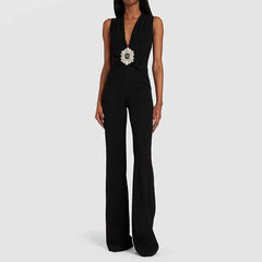 Women's Black Deep-V Studded Sleeveless Jumpsuit