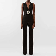 Women's Black Deep-V Studded Sleeveless Jumpsuit