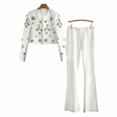 Women's Pantsuit Long Sleeves Crystal Pearl Blazer Set Pantsuit