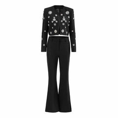 Women's Pantsuit Long Sleeves Crystal Pearl Blazer Set Pantsuit
