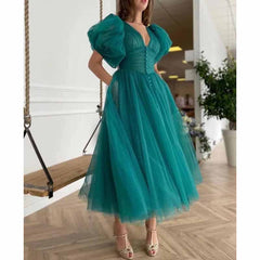 Women's Puffy Sleeve Prom Dresses Tulle V Neck Tea Length Formal Evening Gowns