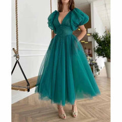 Women's Puffy Sleeve Prom Dresses Tulle V Neck Tea Length Formal Evening Gowns