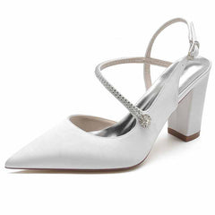 Women's strappy satin wedding heels with elegant design and block heel for comfort