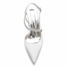Women's strappy satin wedding heels in white with elegant design and sparkling accents