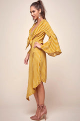 Jaedyn Waist Tie Bell Sleeve Dress Mustard