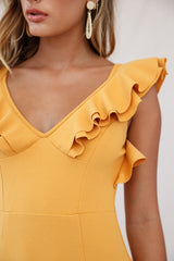 Pearl Ruffle Strap Mini Dress Mustard