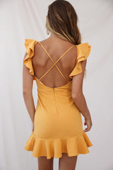 Pearl Ruffle Strap Mini Dress Mustard