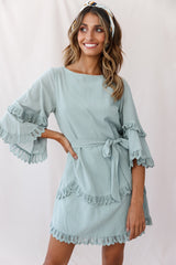 Talitha Waist Tie Lace Trim Dress Sage