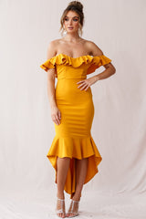 Cloud 9 Bardot Neckline Corset Back Dress Mustard