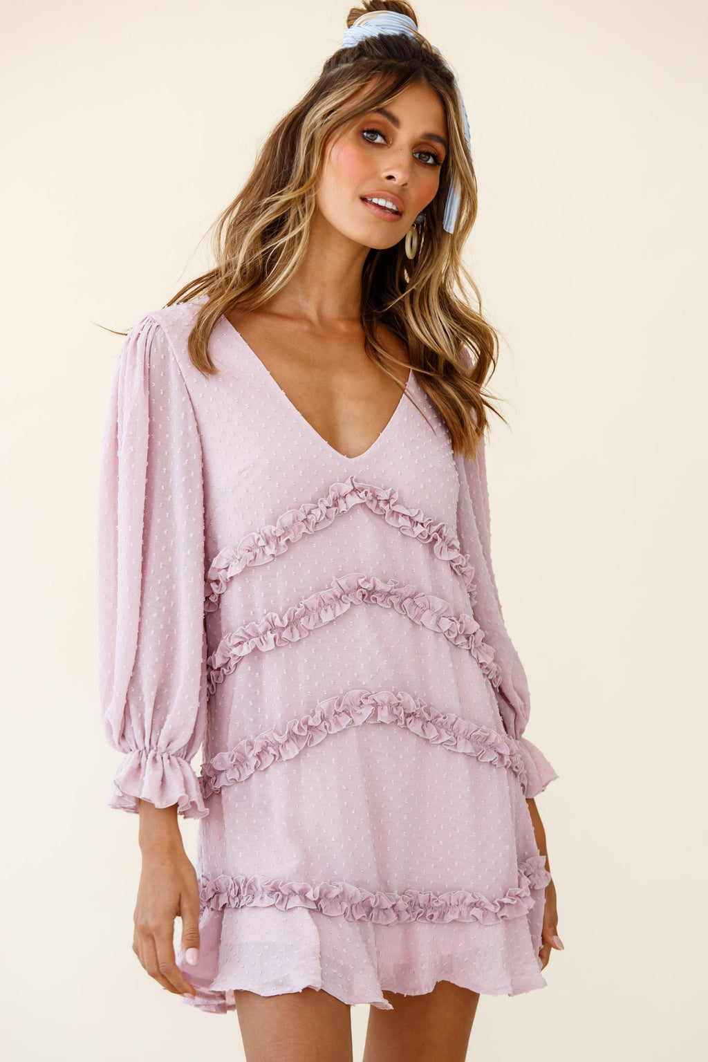 Tabitha Balloon Sleeve Loose Fit Frill Detail Dress Blush