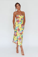 Well Versed Pleated Bust Front Split Dress Leaf Print Yellow