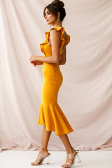 Jackie Wide Ruffle Hem Pinafore Midi Dress Mustard