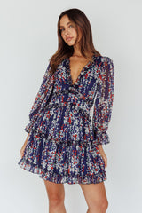 Laney Cutout Back Ruffle Detail Floral Dress Navy