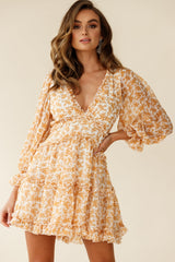 Laney Cutout Back Balloon Sleeve Dress Floral Print Mustard