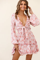 Sunny Daze Long Sleeve Tie-Knot Bust Dress Floral Print Pink