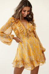 Odette Long Sleeve String Tie Neckline Vine Print Dress Mustard