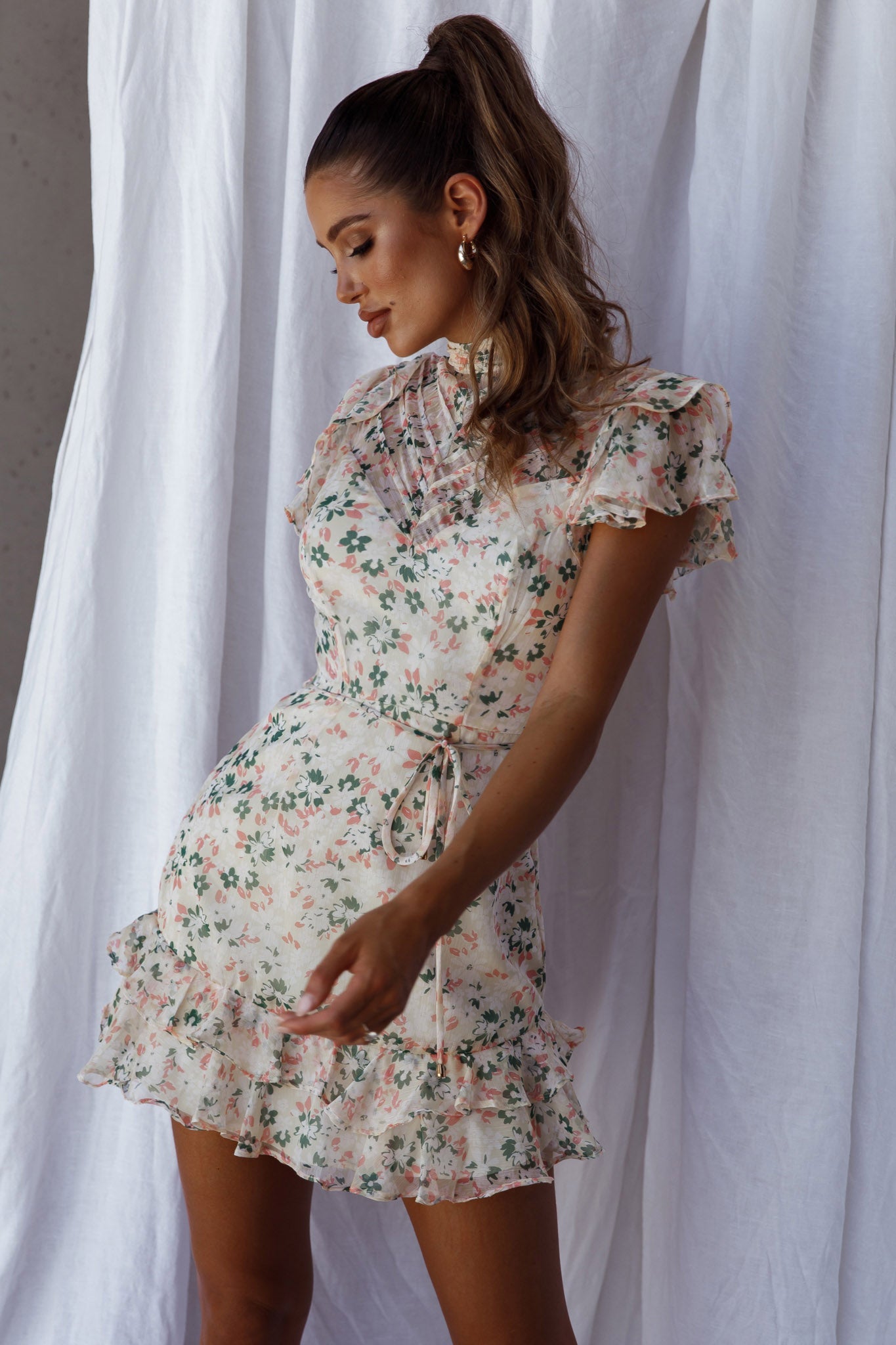 Lark High Neck Ruffle Sleeve Dress Flower Print Yellow