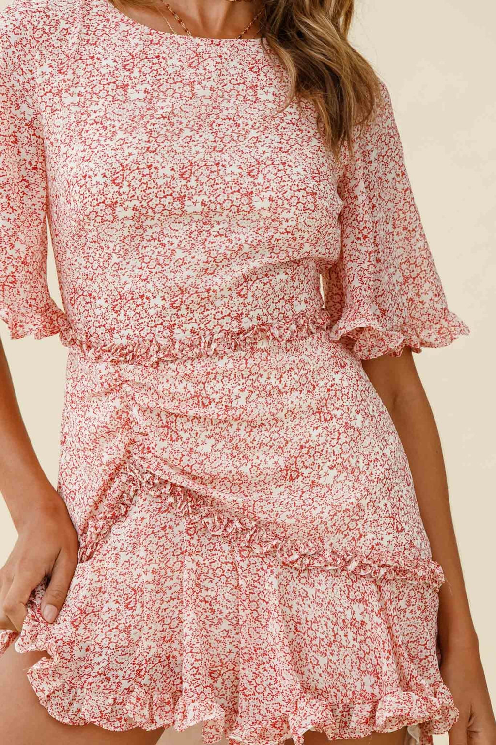 Leona Half Sleeve Frill Trim Dress Floral Print Red
