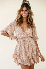 El Cerrito Flared Sleeve Godet Hem Dress Speckle Print Mocha