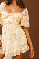 Kirra Puff Sleeve Ruched Bodice Dress Botanic Print Yellow