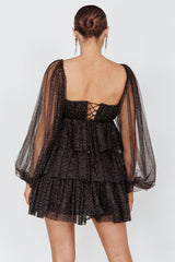 Spring Morning Long Sleeve Tiered Mini Dress Black/Gold