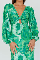 Yessica Balloon Sleeve Midi Dress Floral Green