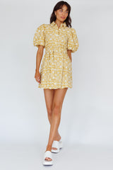Nanette Puff Sleeve Belted Mini Dress Print Yellow