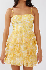 Lauran Tied Back Frill Dress Floral Yellow