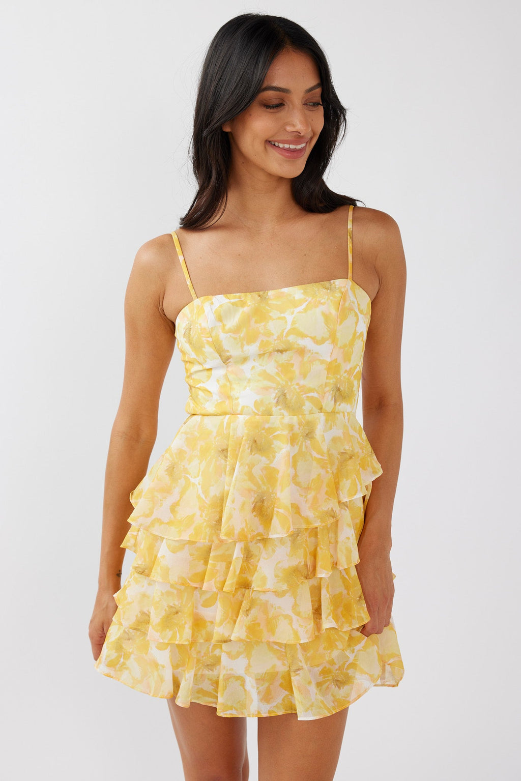 Lauran Tied Back Frill Dress Floral Yellow