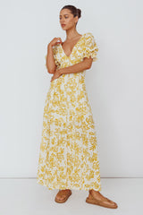 Sitting Pretty Pintuck Pleat Puff Sleeve Dress Yellow