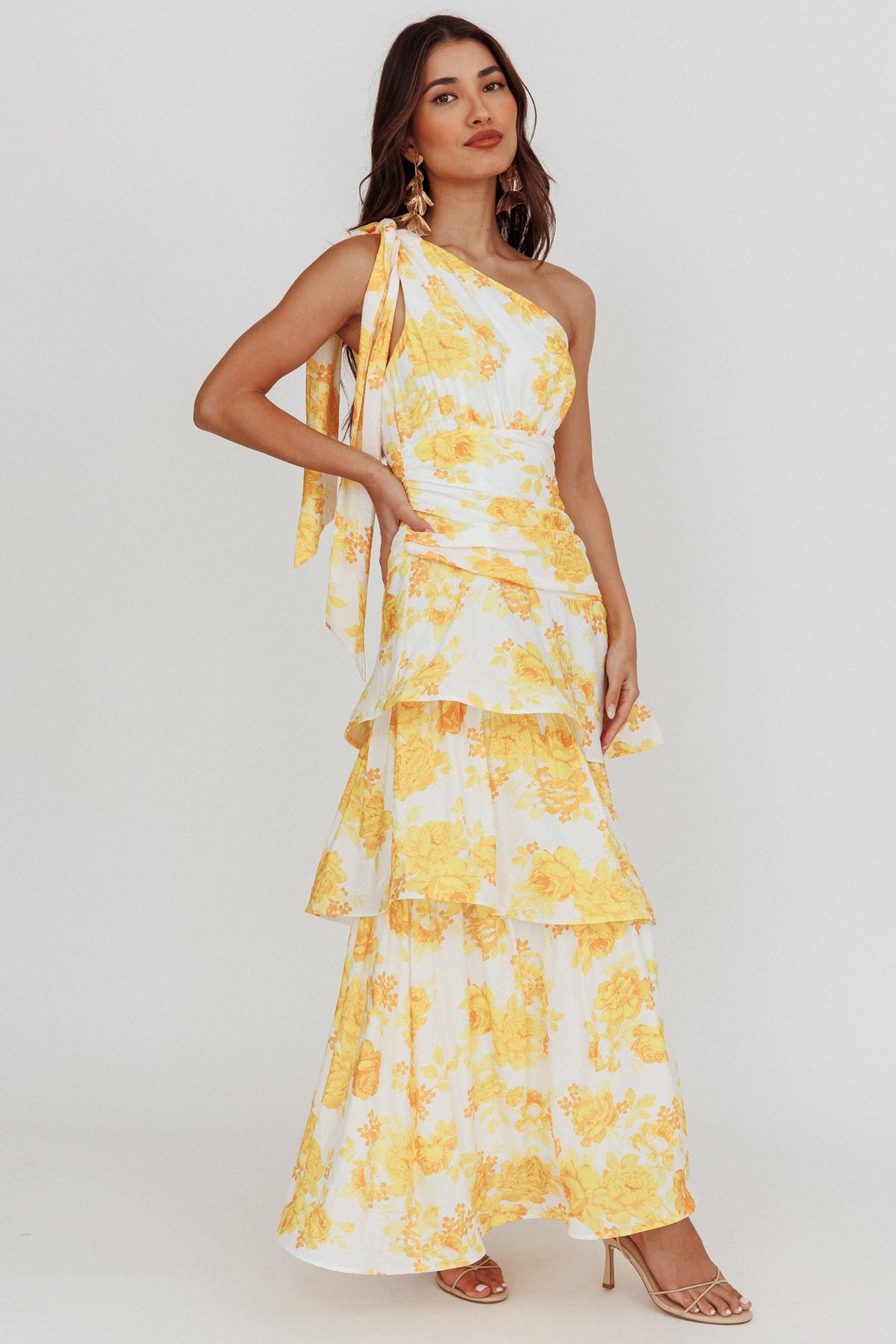 Kenny One Shoulder Tiered Maxi Dress Yellow