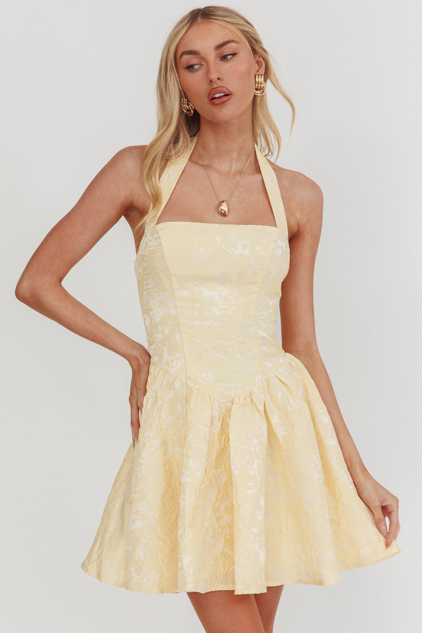 Serrah Halter Mini Dress Jacquard Butter
