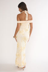 Fleurie Halter Off-Shoulder Maxi Dress Embellished Yellow