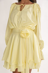 Maeva Long Balloon Sleeve Rosette Mini Dress Lemon