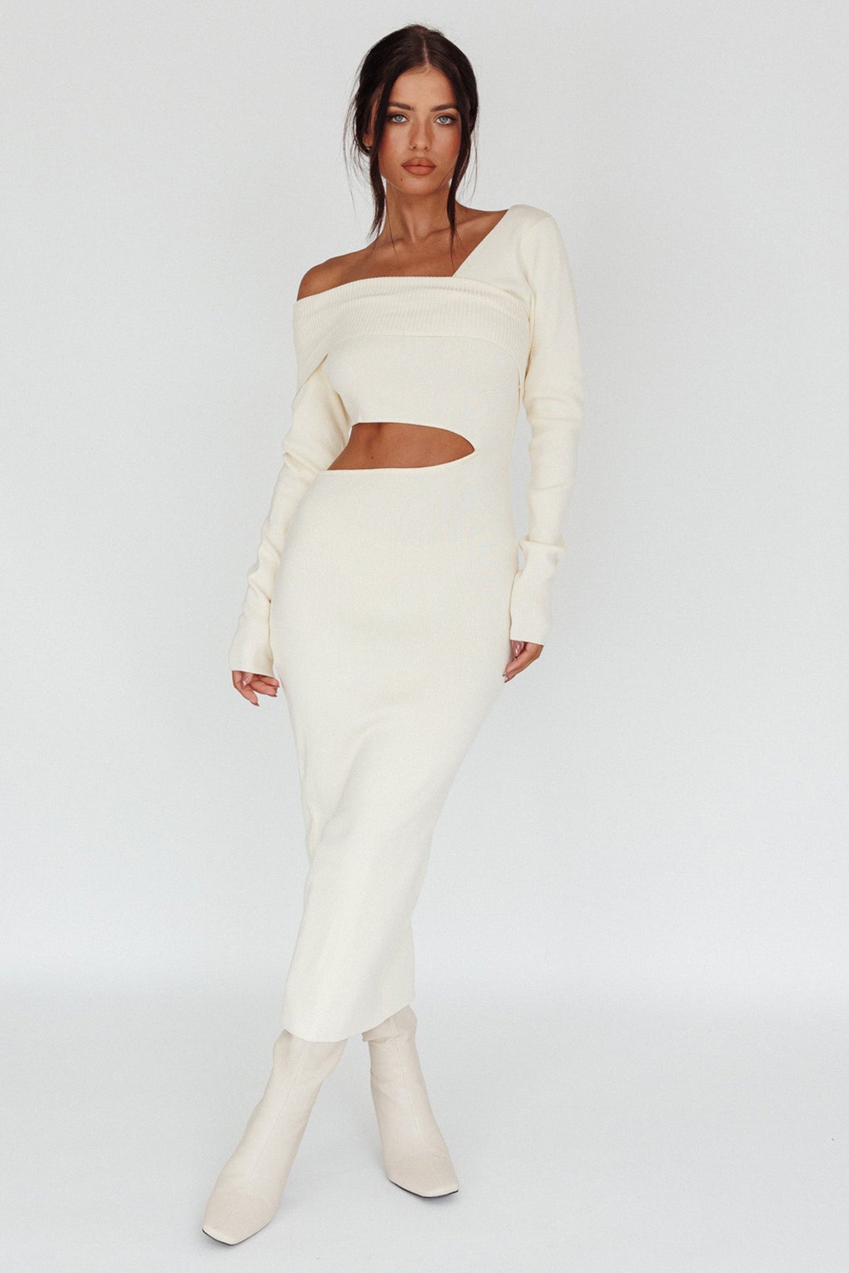 Tamar Long Sleeve One-Shoulder Midi Dress Cream
