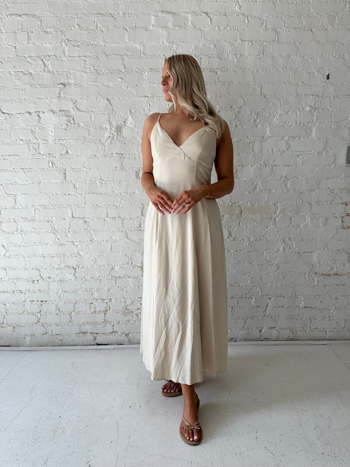 Adriene Beige Linen Midi Dress