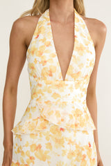 Cipriana Frill Trim Halter Maxi Dress Floral Yellow