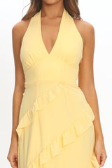 Flirt Frill Trim Halter Maxi Dress Lemon