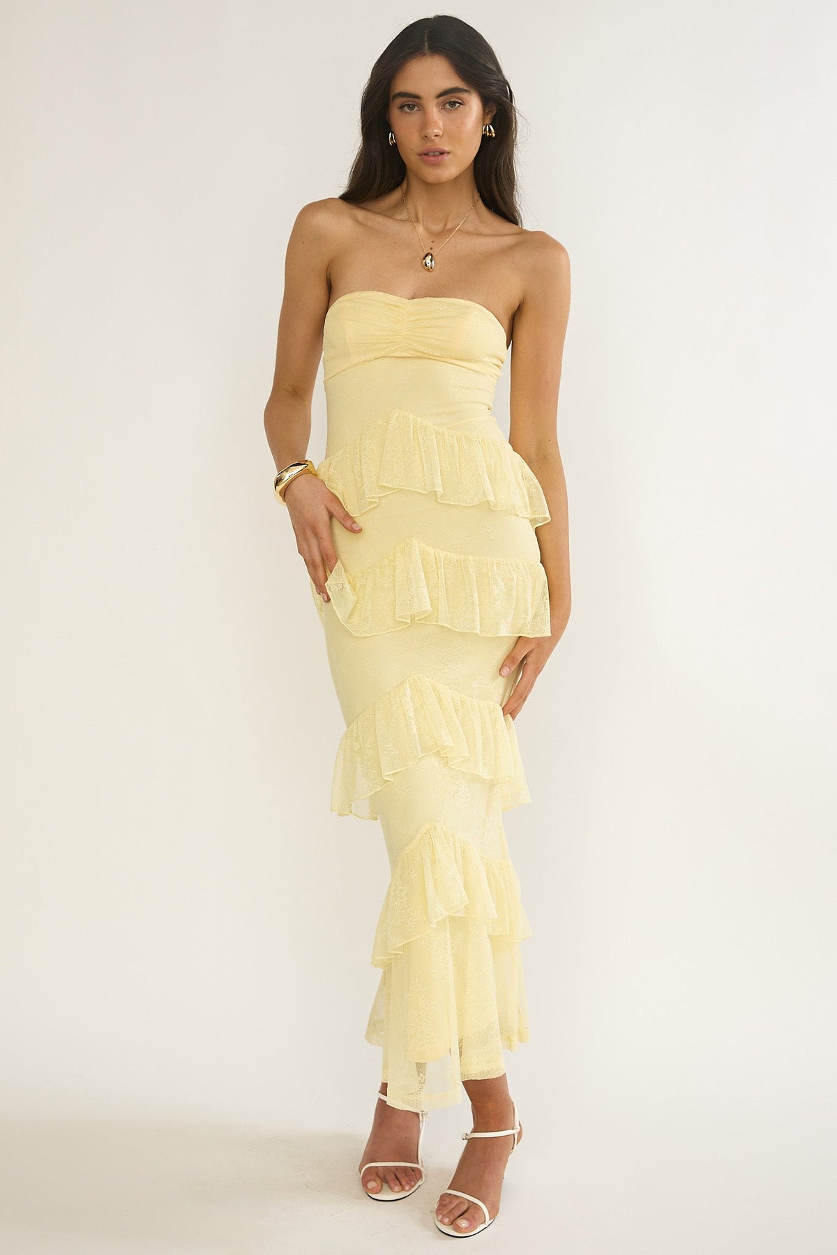 Dulce Dreams Sweetheart Neckline Lace Frill Maxi Dress Butter