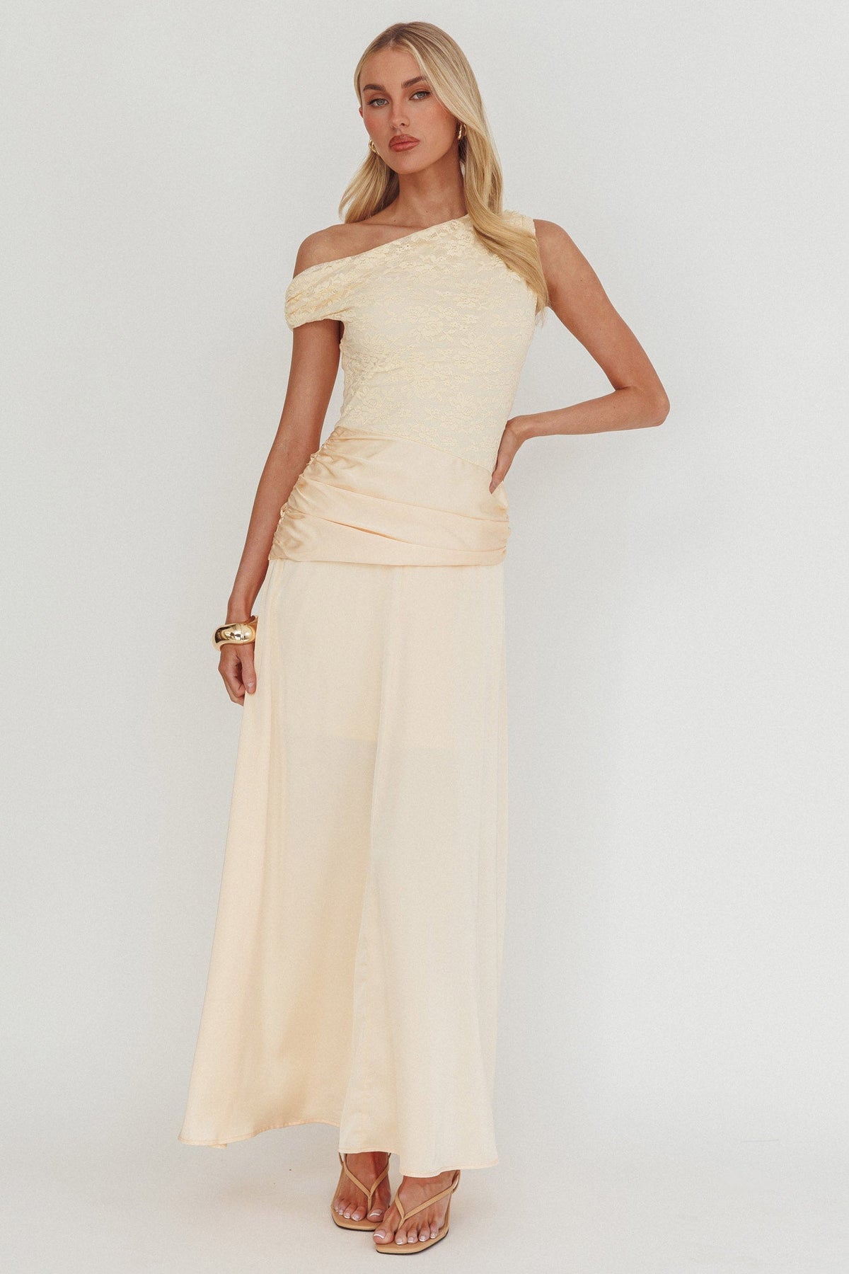 Diana Asymmetric Shoulder Pleat Waist Maxi Dress Butter