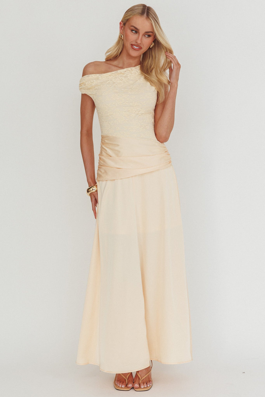 Diana Asymmetric Shoulder Pleat Waist Maxi Dress Butter