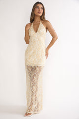 One Night Halterneck Maxi Dress Sequin Butter
