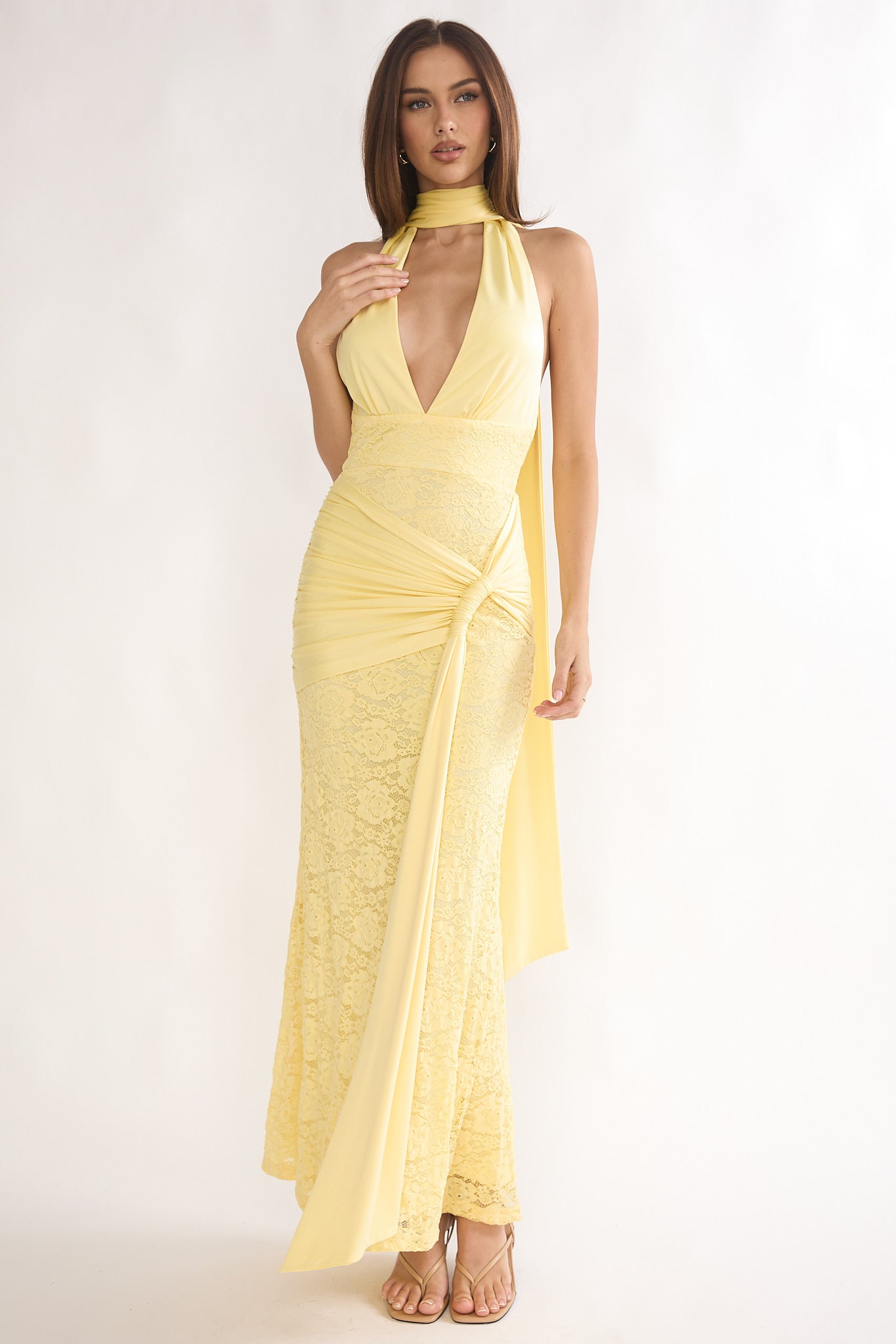 Adair Halterneck Waist Sash Maxi Dress Lace Butter
