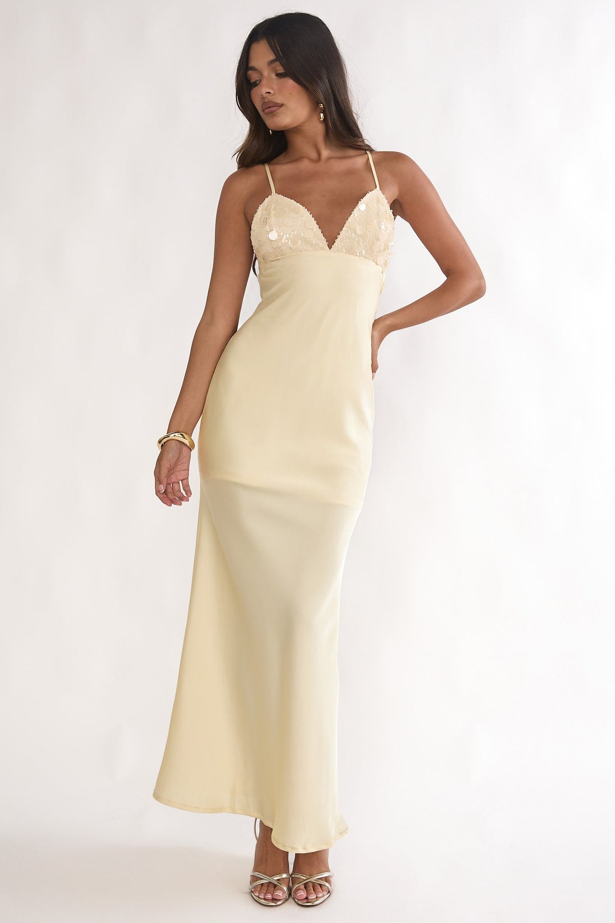 Brynn Sequin Bust Open Back Maxi Dress Butter