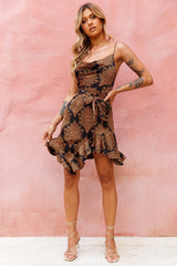 On The Prowl Cowl Neck Asymmetrical Hem Dress Leaf Print Mustard