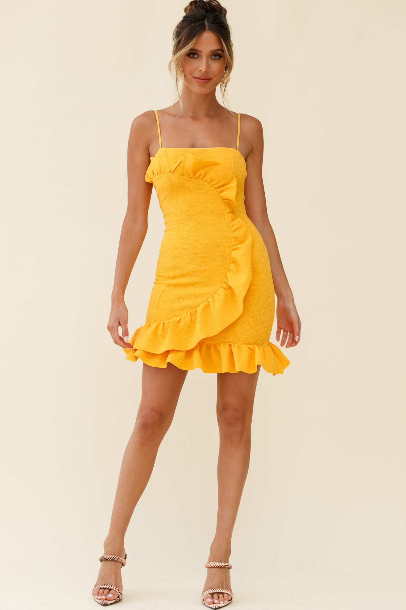 Juanita Half Moon Ruffle Detail Bodycon Dress Yellow