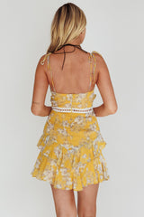 Flower Child Bust Tie Crochet Trim Dress Orchid Print Yellow